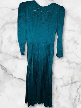 Vintage Marie St. Claire 100% Silk Teal Jacquard Midi Dress Women’s Size 4